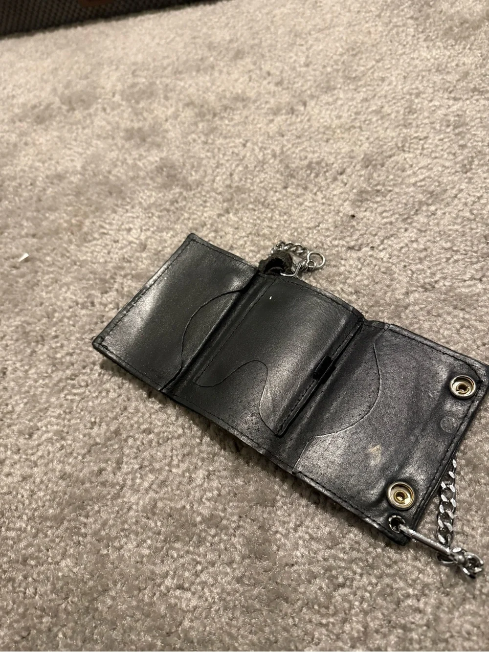 Black Leather Chain Bifold Wallet with Silver Hardware